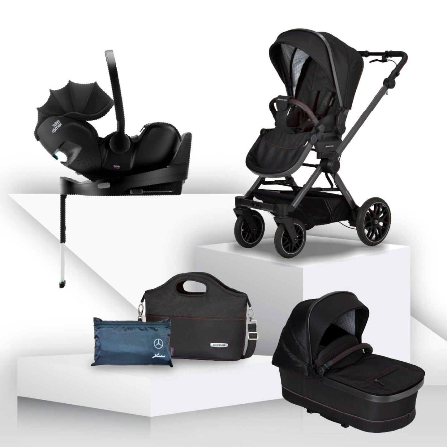 Black baby stroller, carrycot, car seat, and accessories on a white background