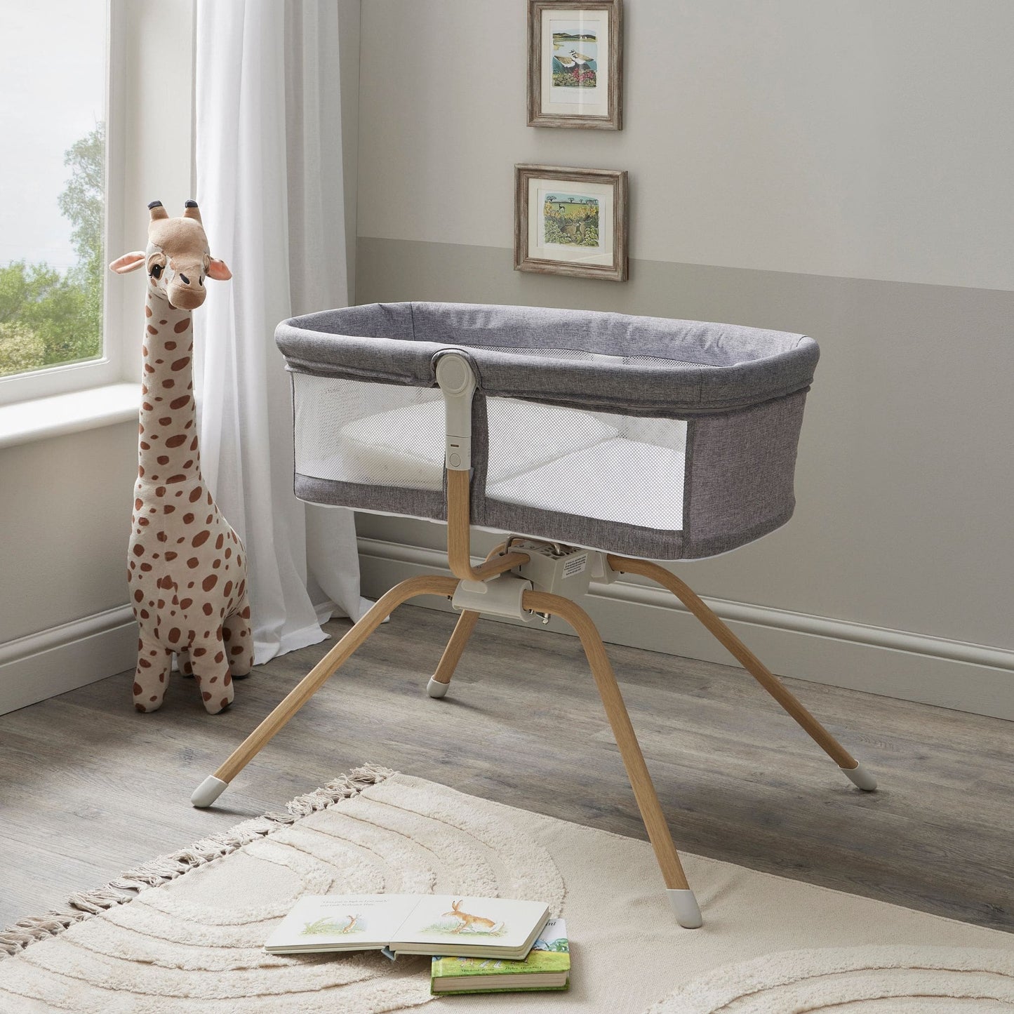 Babymore-Air-Motion-Crib-slate-greay-in-nursery-front