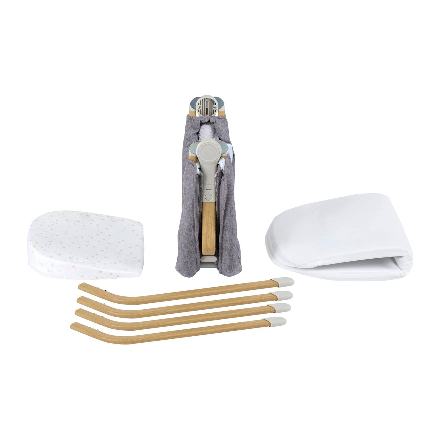Babymore-Air-Motion-Crib-slate-grey-white-background-disassembled-four-parts