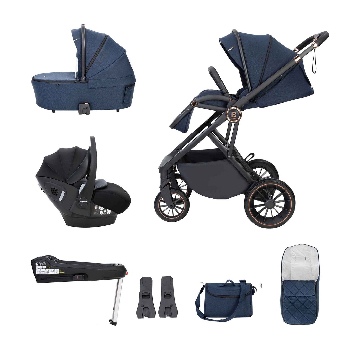Babymore Chia 3-in-1 Travel System - Pecan Car Seat with ISOFIX base midnight blue