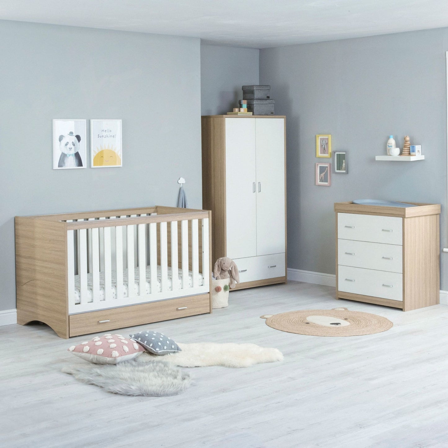 Babymore Veni 3 piece Nursery Furniture set white oak with drawer