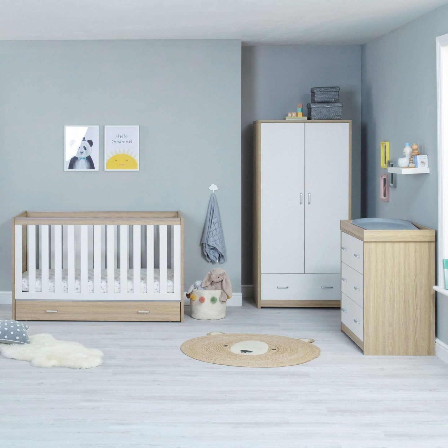 Babymore Veni 3 piece Nursery Furniture set white oak with drawer