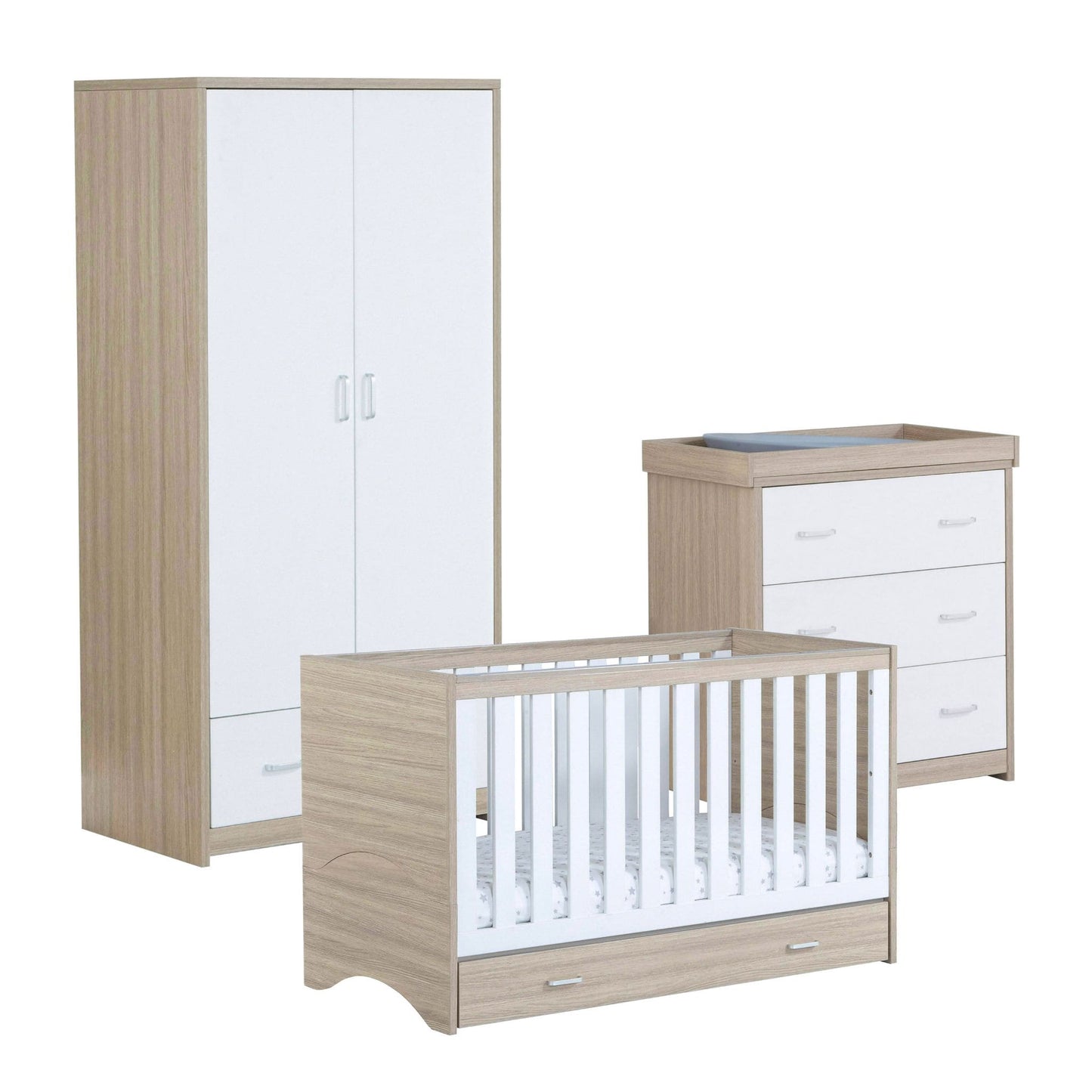 Babymore Veni 3 piece Nursery Furniture set white oak with drawer
