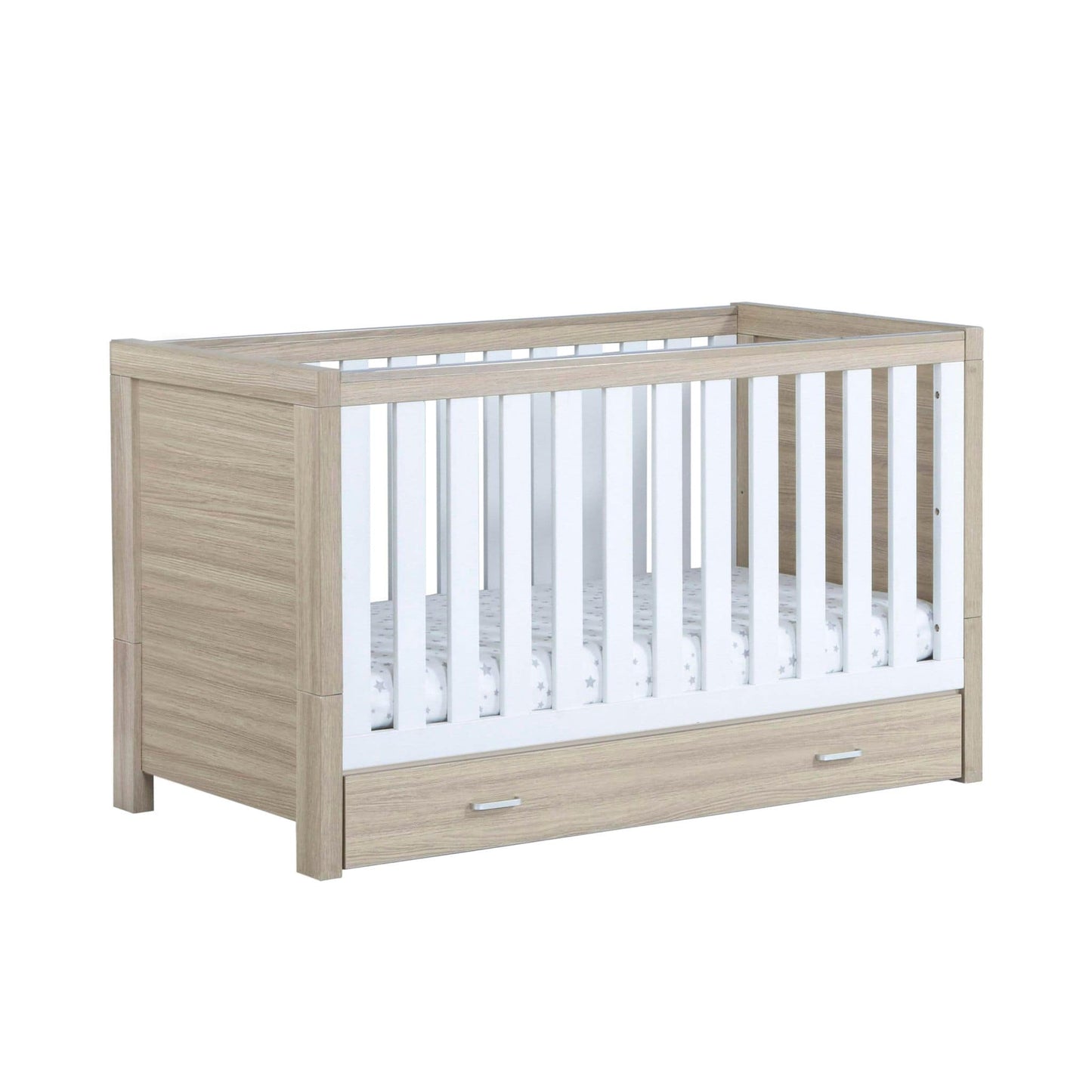 Babymore-Luno-Cot-Bed-oak-white-with-drawer-as cot-white-background-side