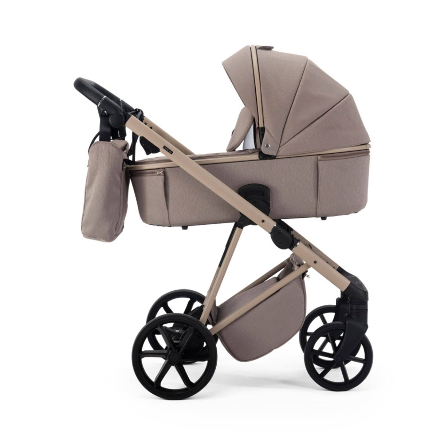 Mee-go-Milano-Natura-2in1-pram-cappuccino-colour-side-facing-hood-up-with-changing-bag