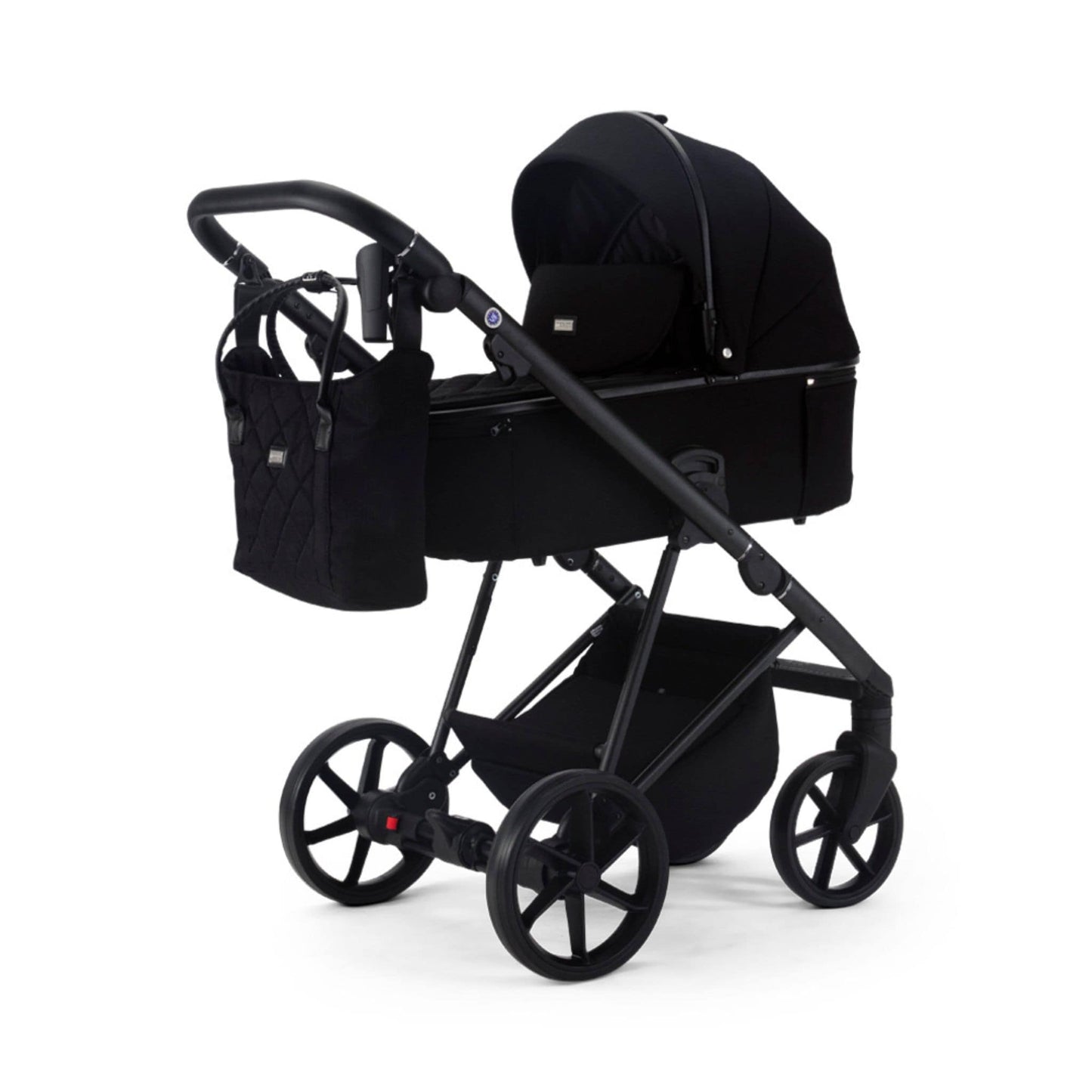 Mee-go-Milano-Natura-2in1-pram-carbon-black-colour-front-facing-hood-up-with-changing-bag