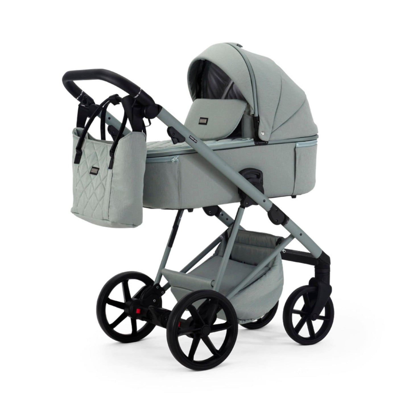 Mee-go-Milano-Natura-2in1-pram-light-mint-green-colour-front-facing-hood-up-with-changing-bag
