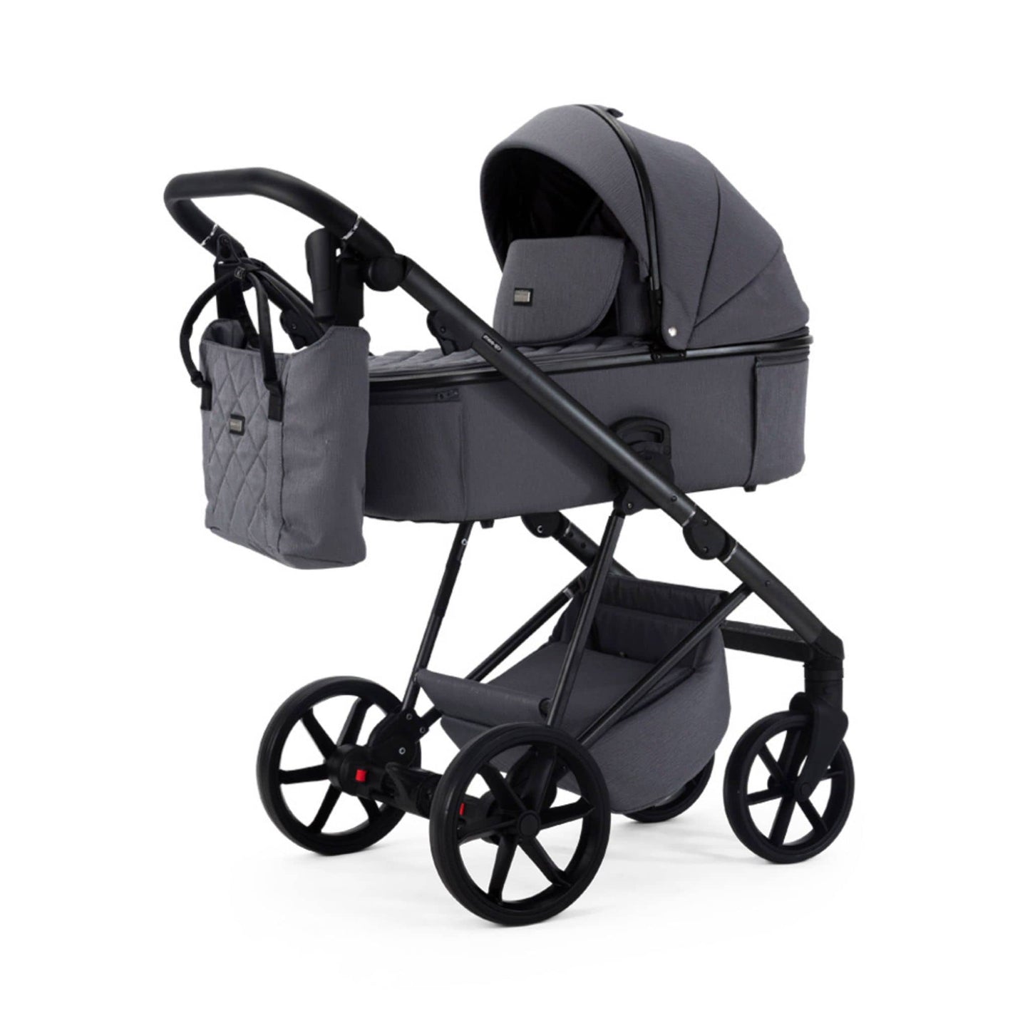 Mee-go-Milano-Natura-2in1-pram-dark-grey-colour-front-facing-hood-up-with-changing-bag