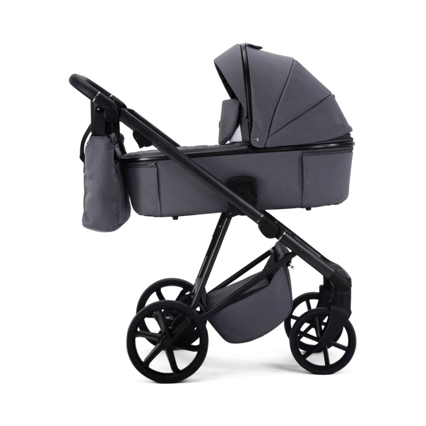 Mee-go-Milano-Natura-2in1-pram-dark-grey-colour-side-facing-hood-up-with-changing-bag