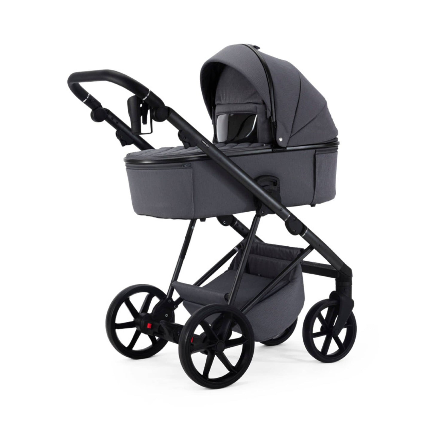 Mee-go-Milano-Natura-2in1-pram-dark-grey-colour-front-facing-hood-up-weather-shield-with-transparent-viewing-window