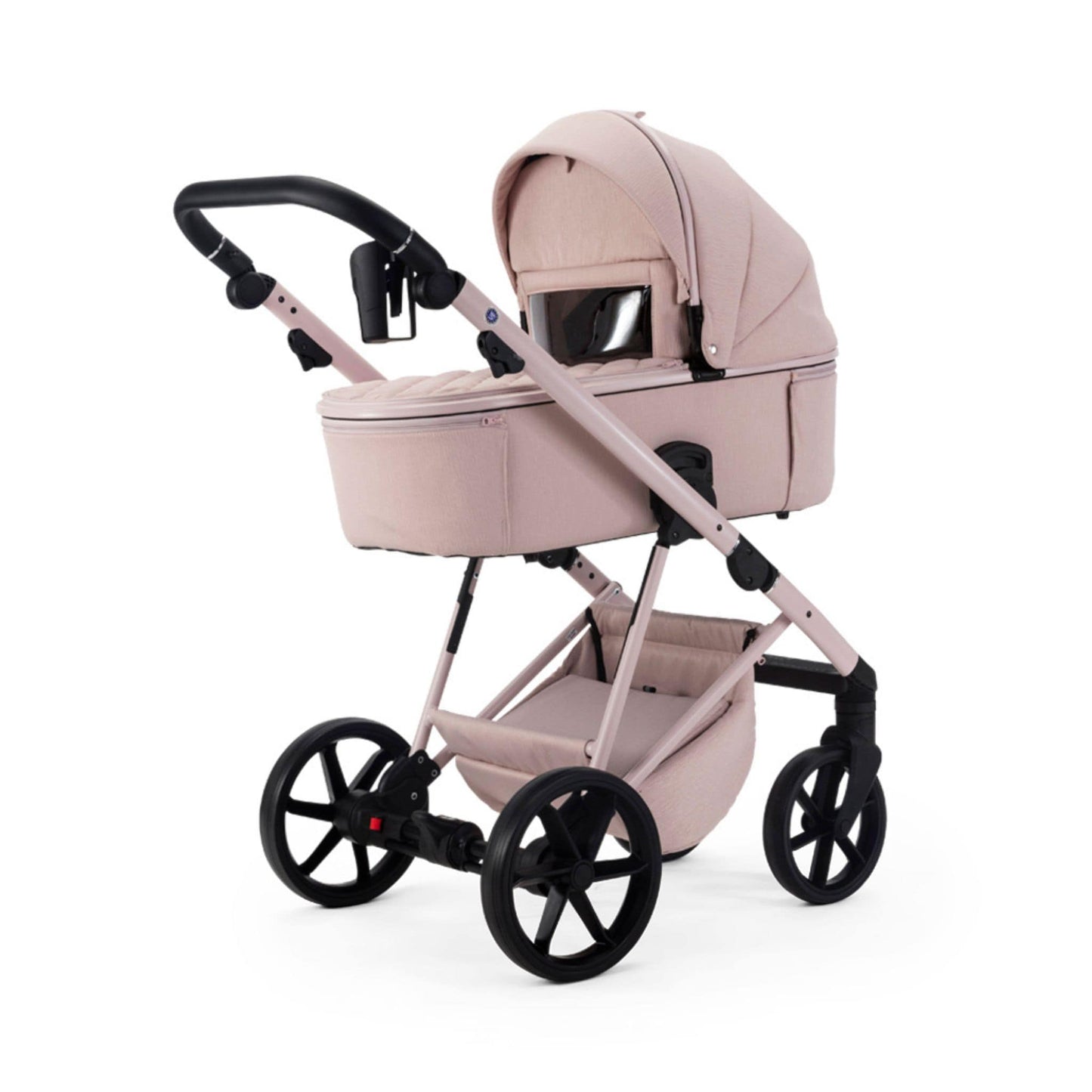 Mee-go-Milano-Natura-2in1-pram-facing-forward-rose-pink-hood-up-weather-shield-with-transparent-viewing-window