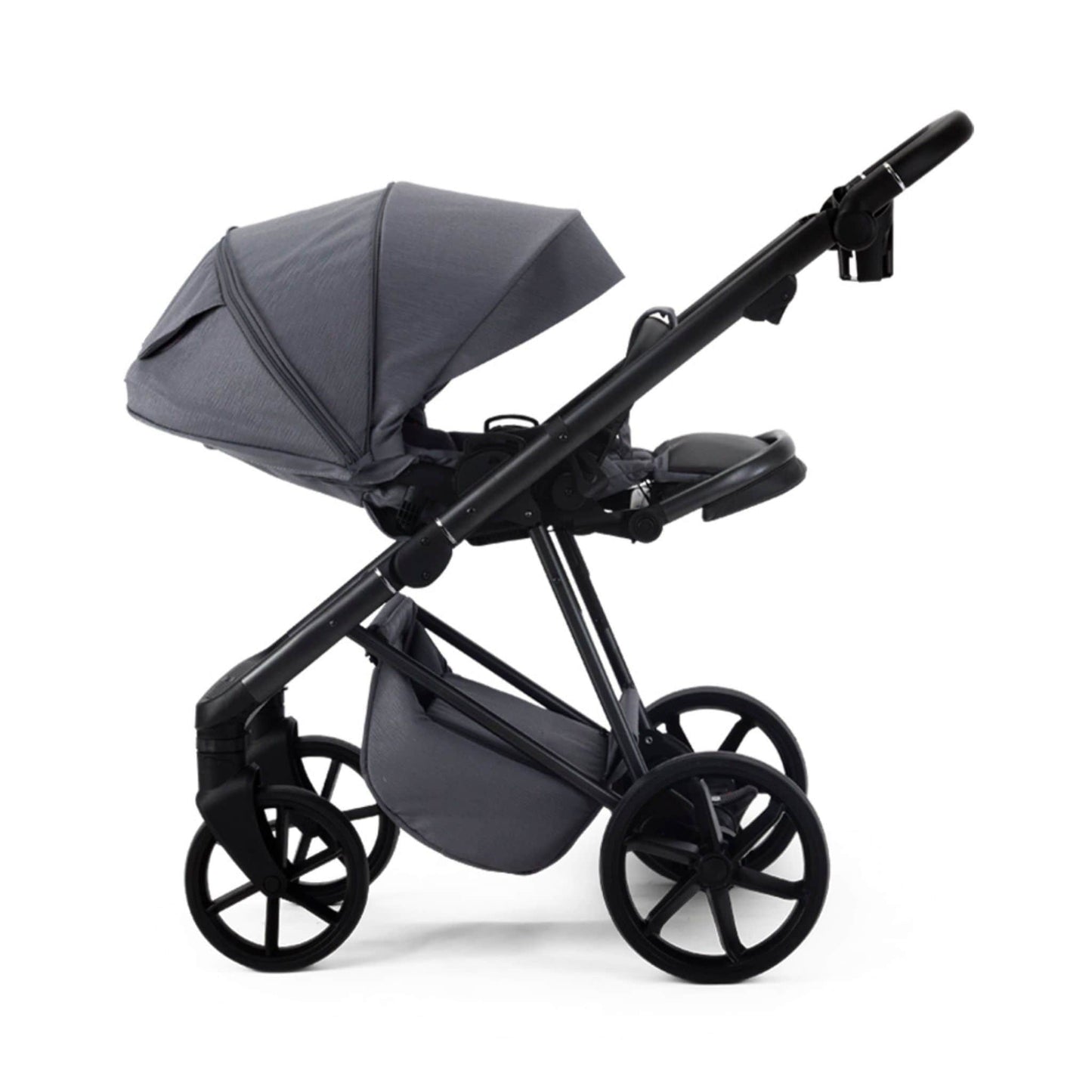 Mee-go-Milano-Natura-2in1-pushchair-dark-grey-colour-left-side-facing-hood-up-with-reclined-seat