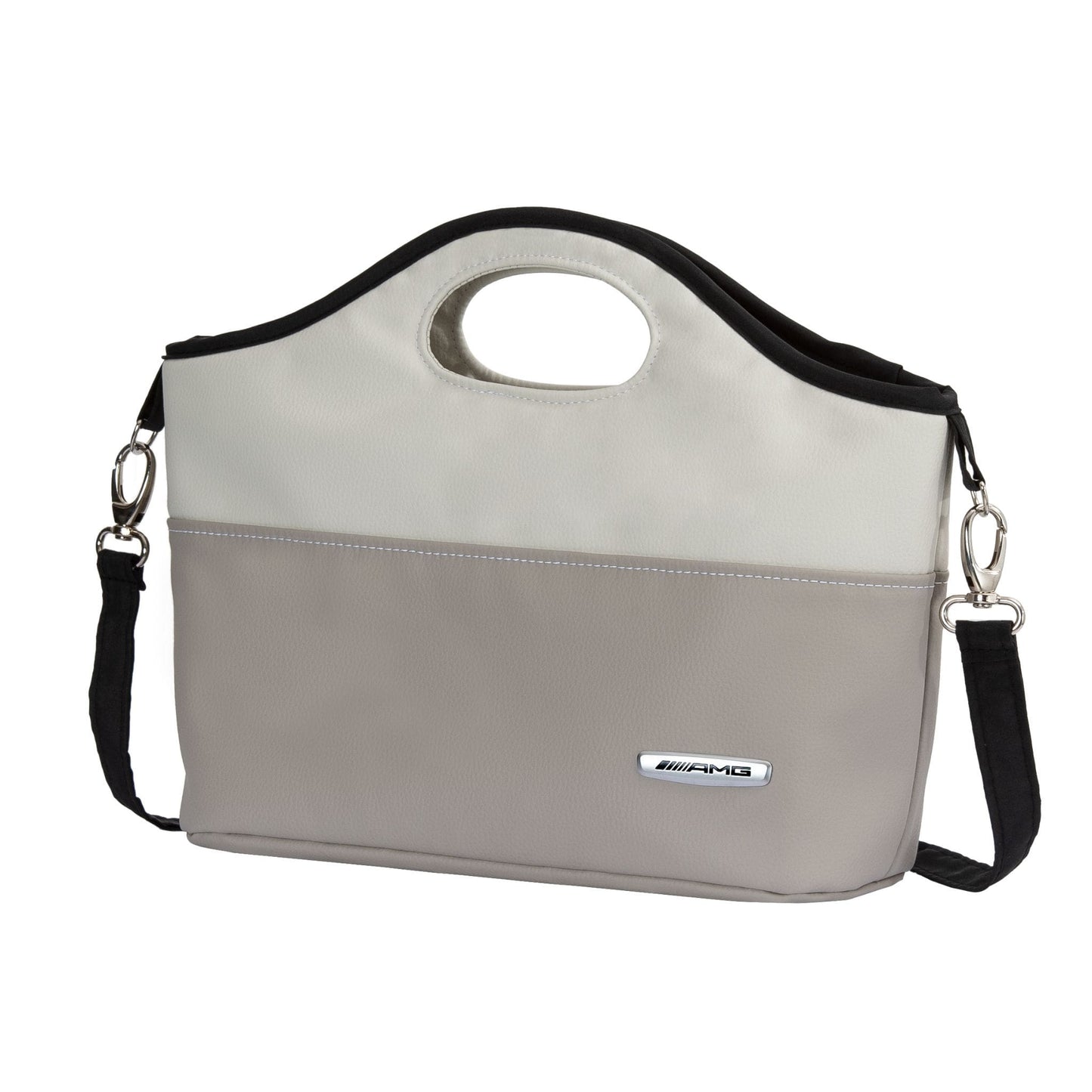 Gray and beige handbag with a black strap on a white background