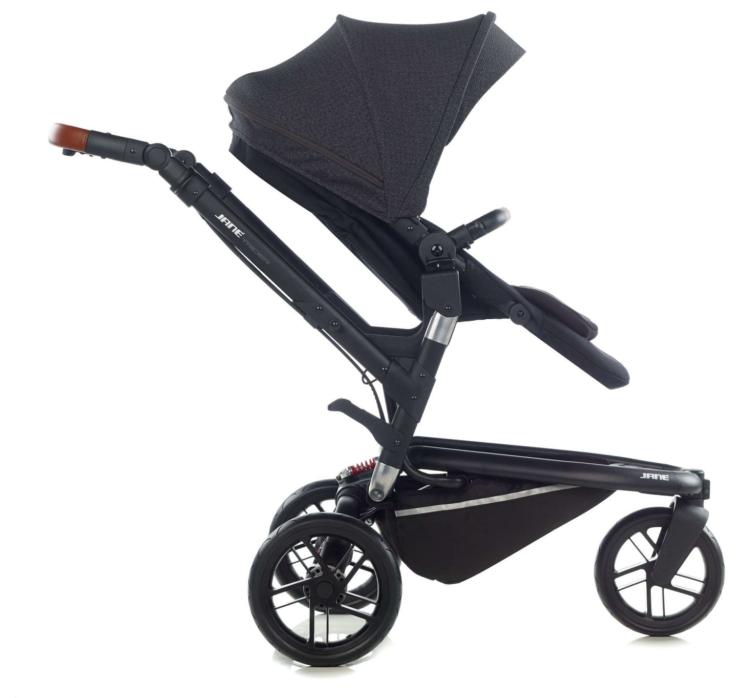 Trider-Pushchair-Cold-Black-facing-forward-pushchair-hood-up-3-wheeled