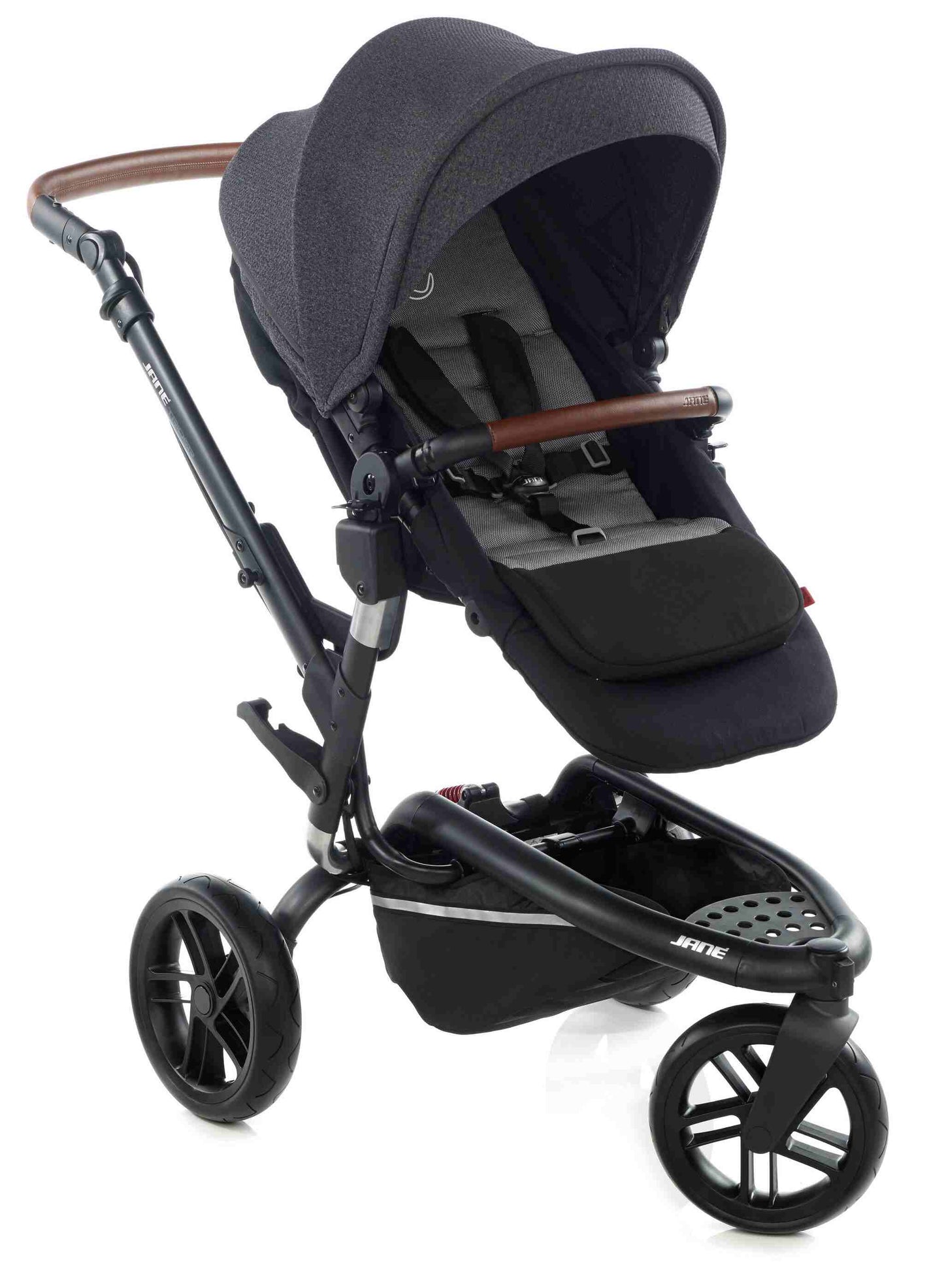 Black 3-wheeled pushchair with brown leather-effect safety bar and handle.