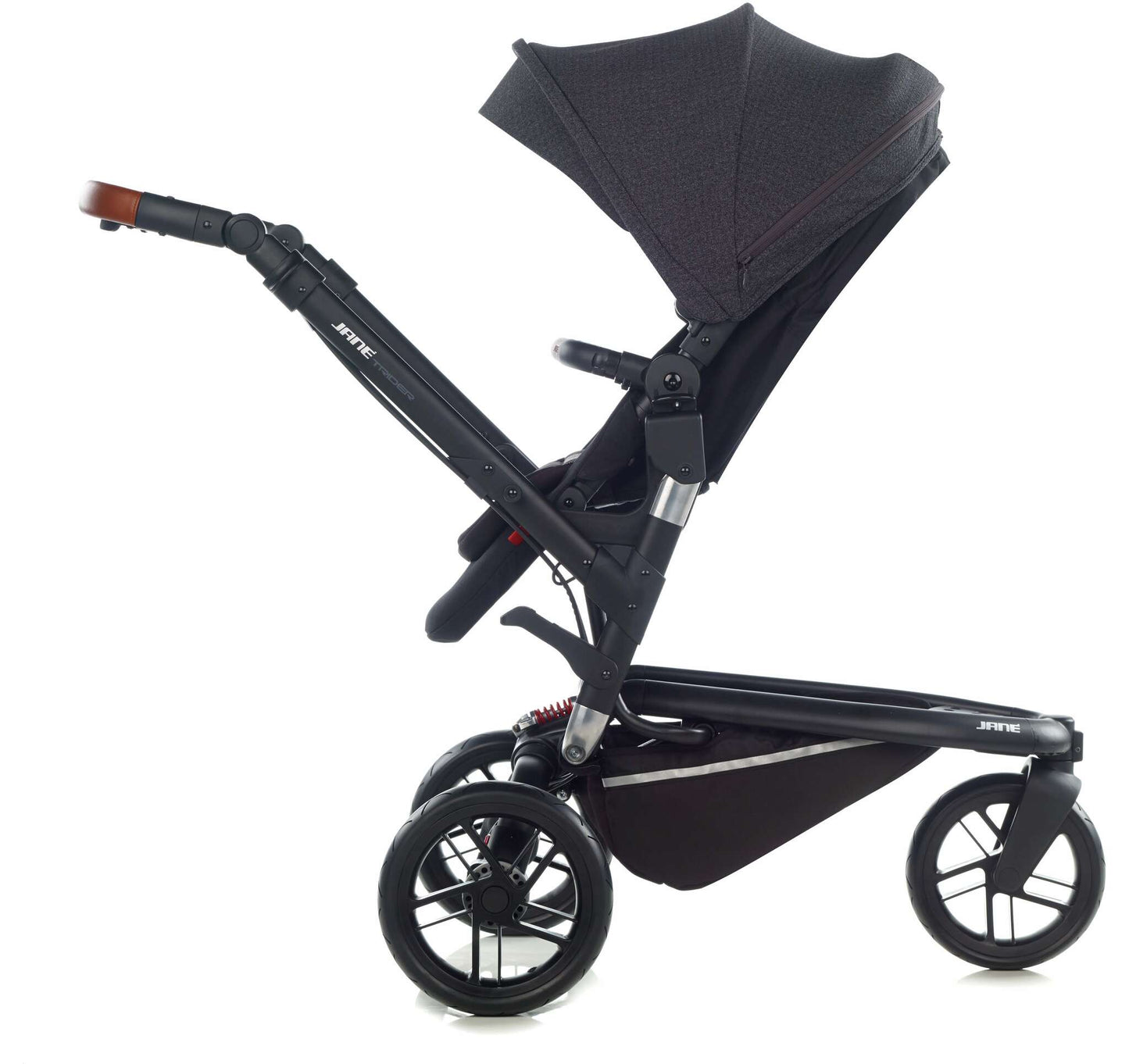 Trider-Pushchair-Cold-Black-facing-back-hood-up-3-wheeled