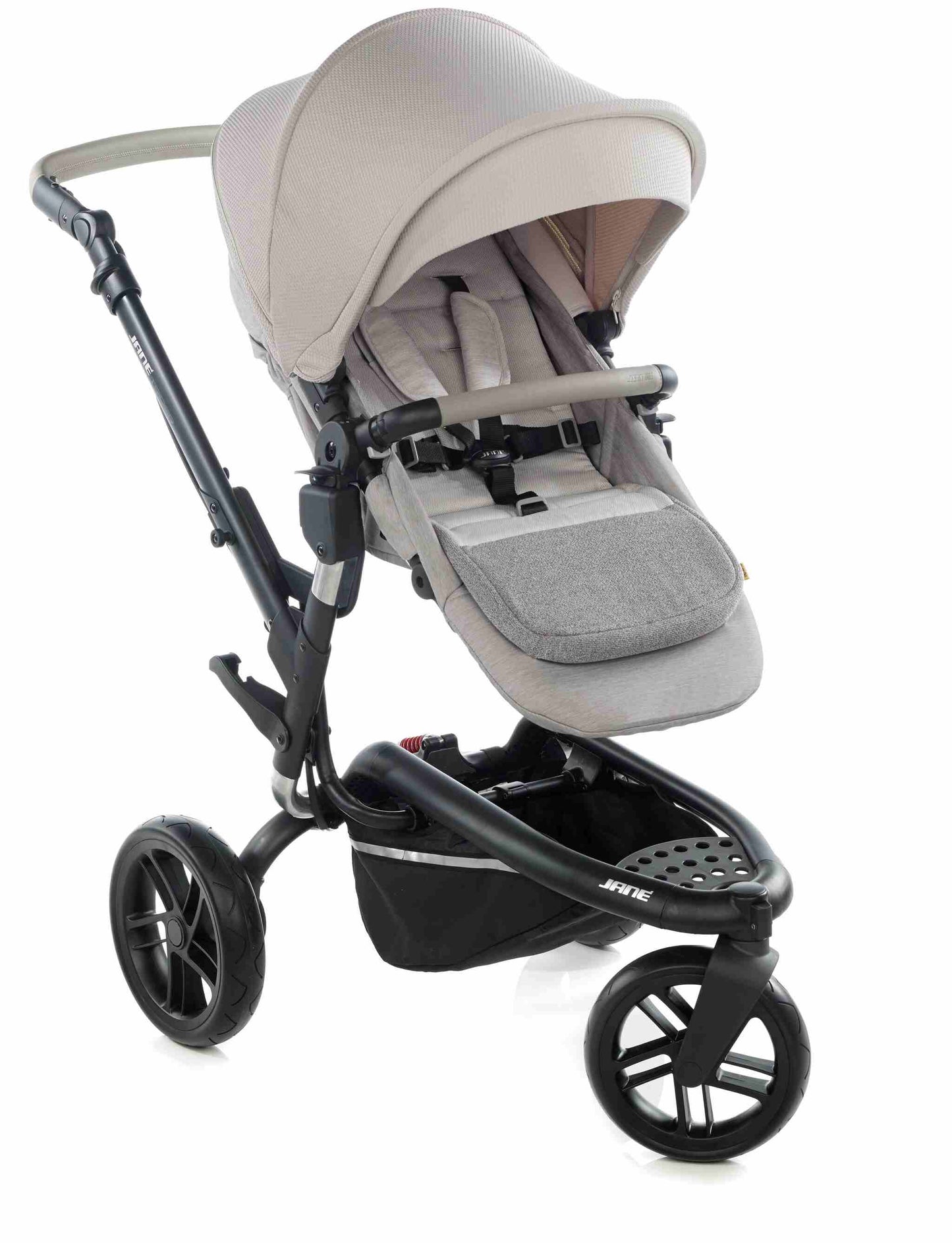 Sand light coloured 3-wheeled pushchair with brown leather-effect safety bar and handle.