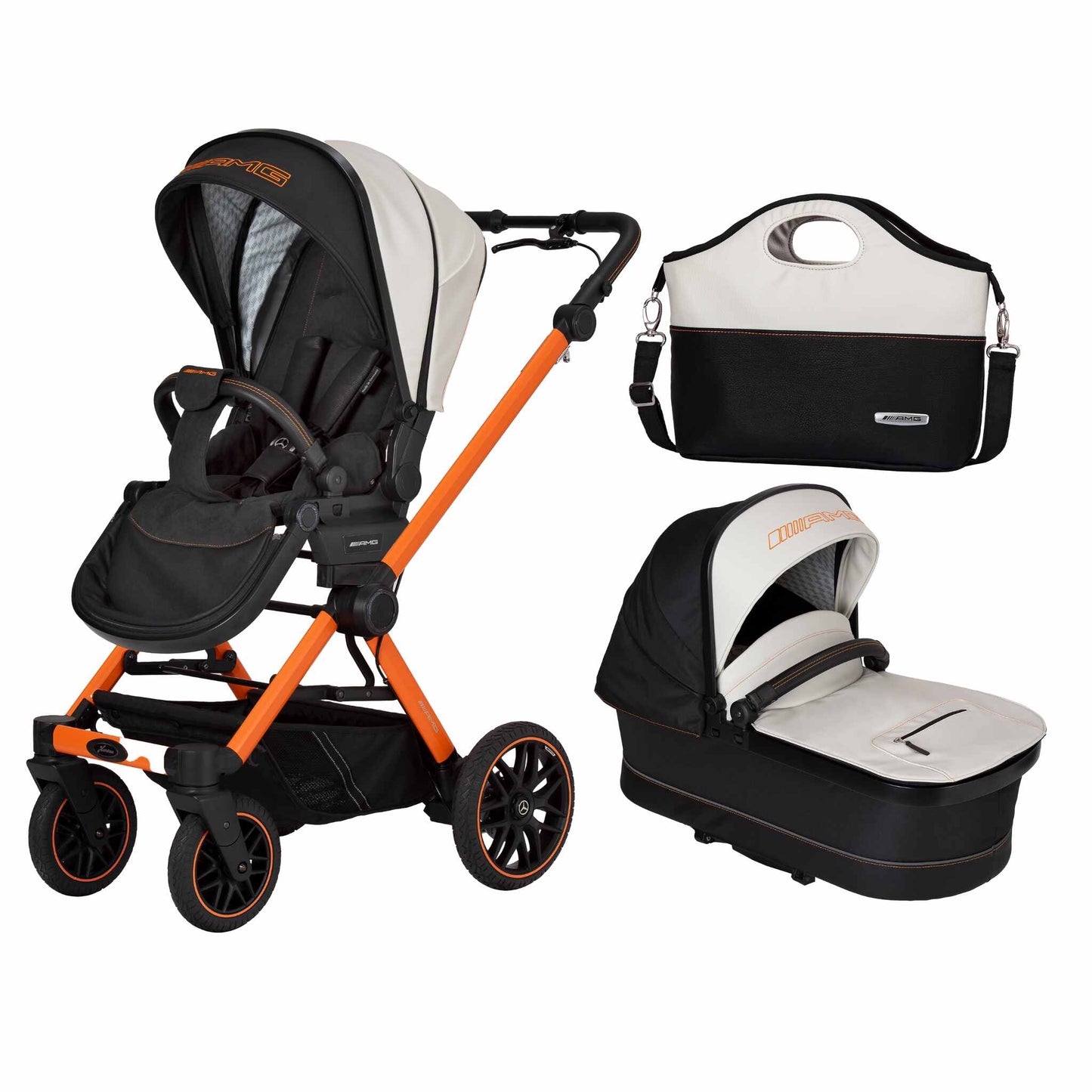 Cream and black Mercedes AMG gT2 pram with orange frame and  a coordinating carry-cot on the right and change bag top right.