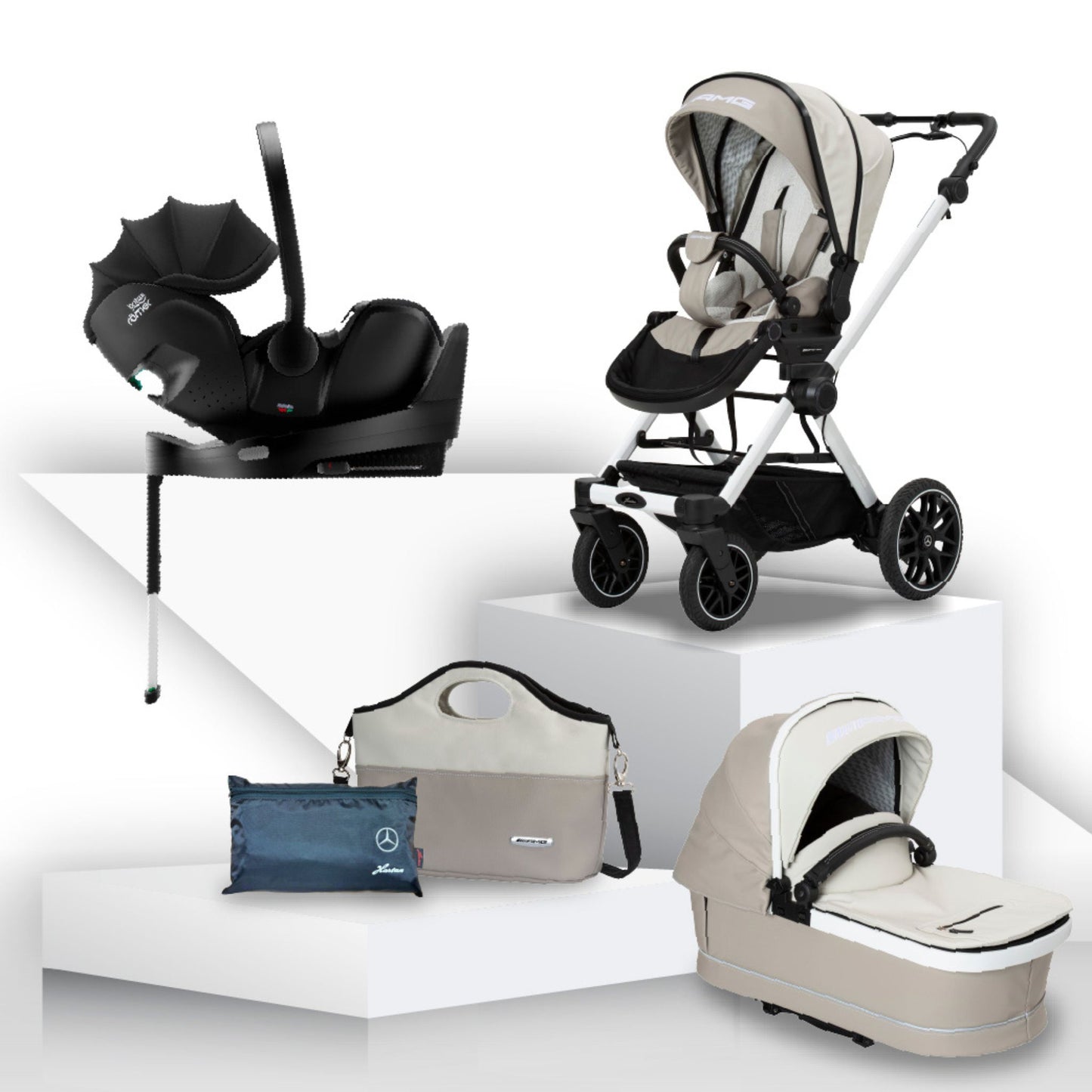 Bright light colour baby stroller, carrycot, car seat, and accessories on a white background