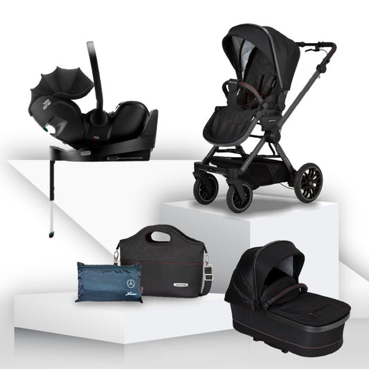 Black baby stroller, carrycot, car seat, and accessories on a white background