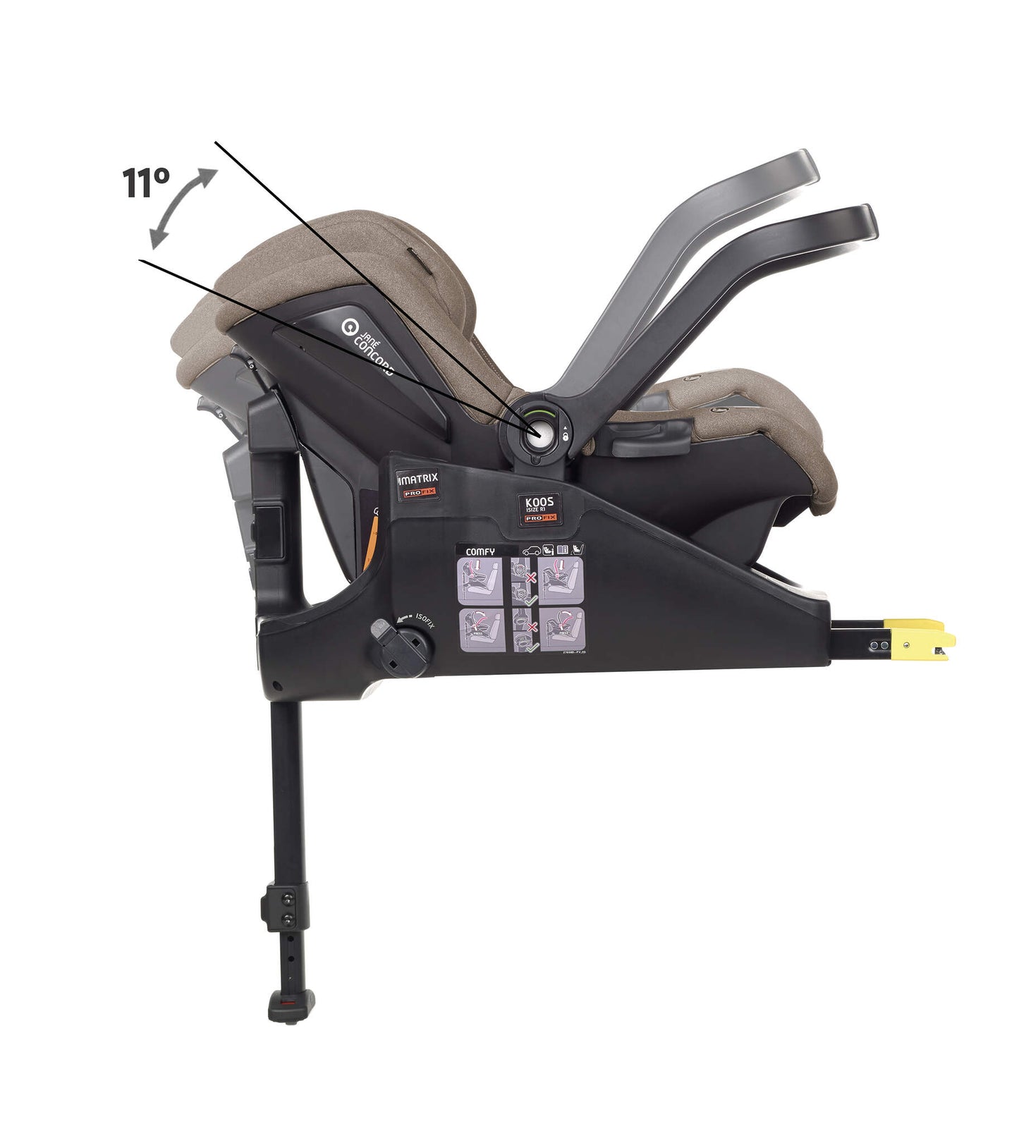 Black car seat base with the Koos baby car seat showing reclining positions.