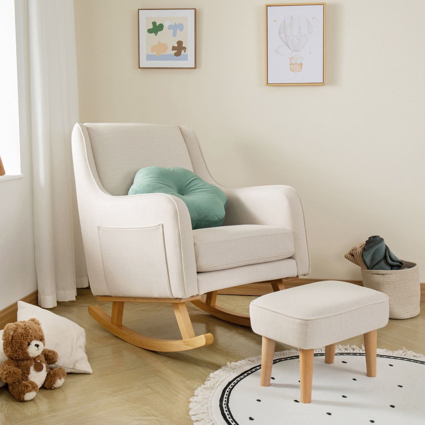 Ida-Nursing-Chair-with-stool-ivory-rocking-legs-white-side-in-a-nursery