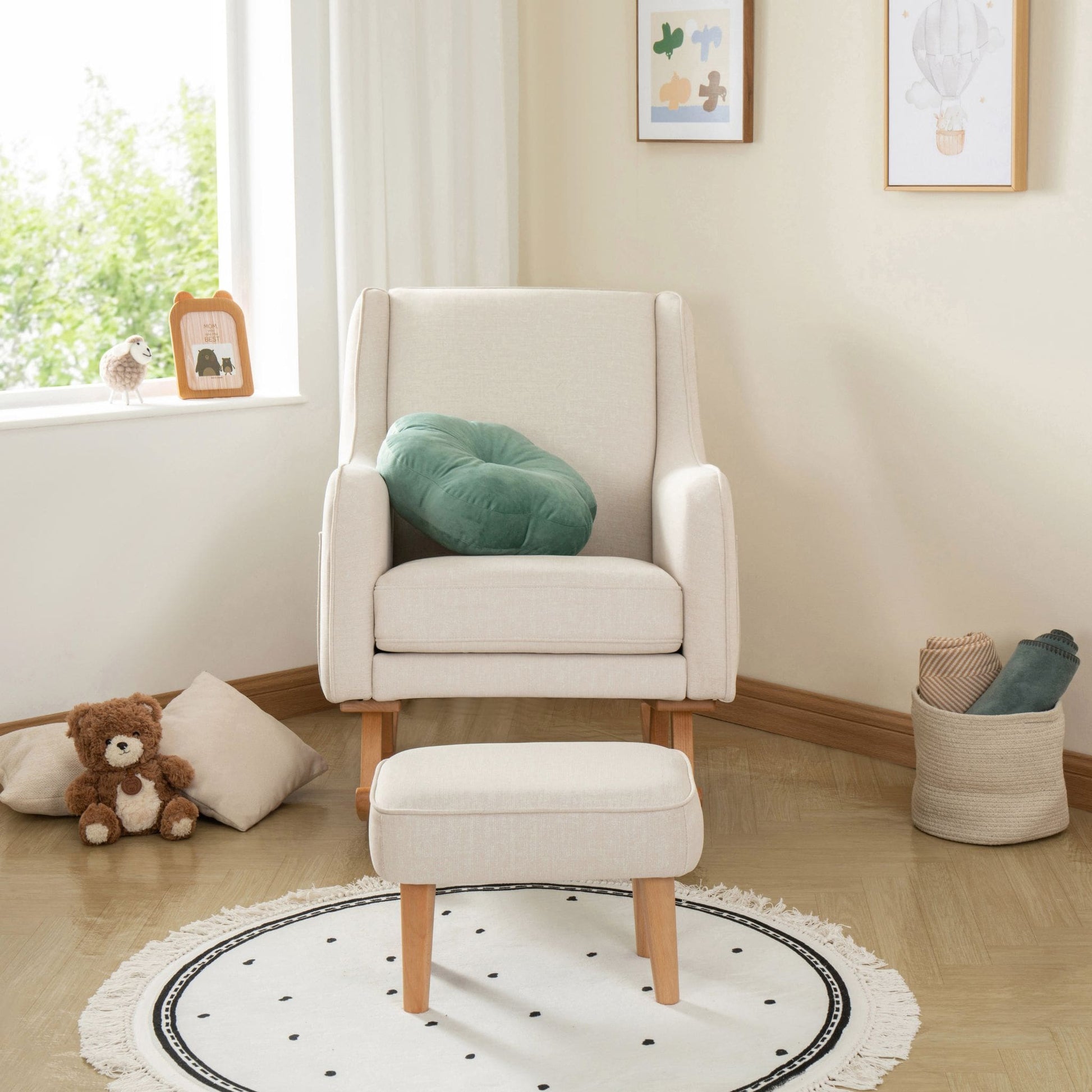 Ida-Nursing-Chair-with-stool-ivory-rocking-legs-white-front-in-a-nursery