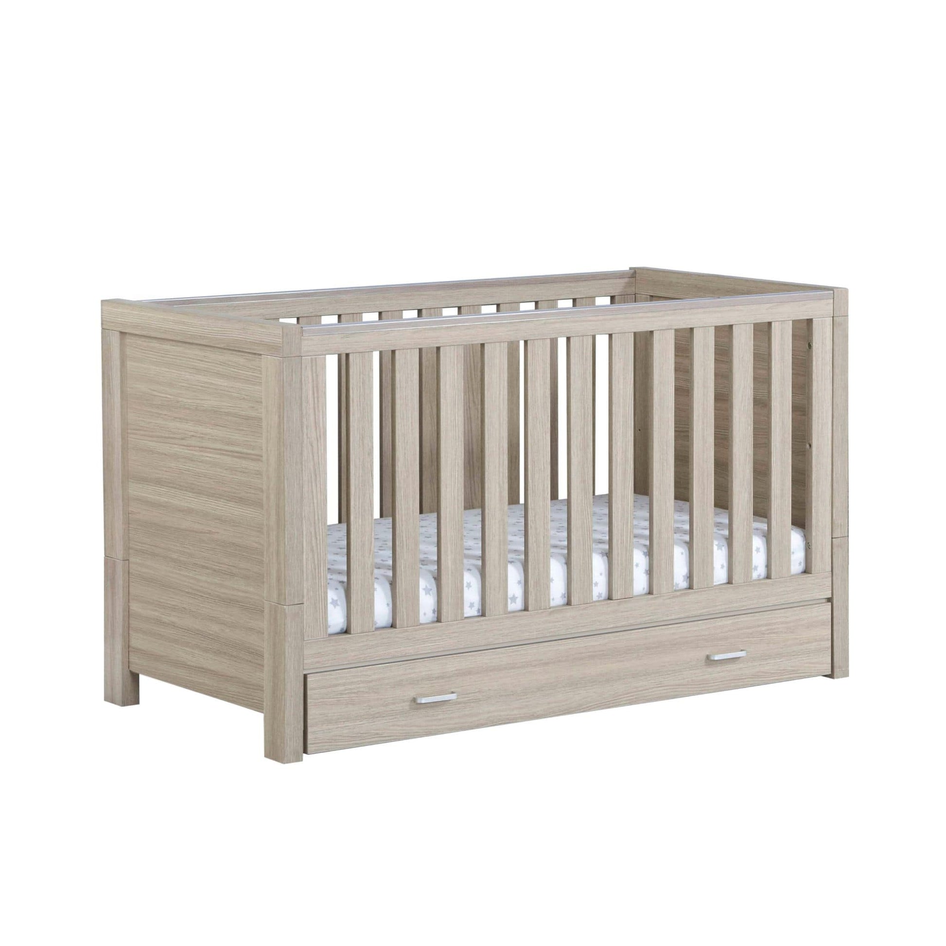 Babymore-Luno-Cot-Bed-with-drawer-oak-white-background-side