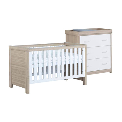 Luno-2-piece-room-set-without-drawer-oak-white-cotbed-and-changer-side-white-background