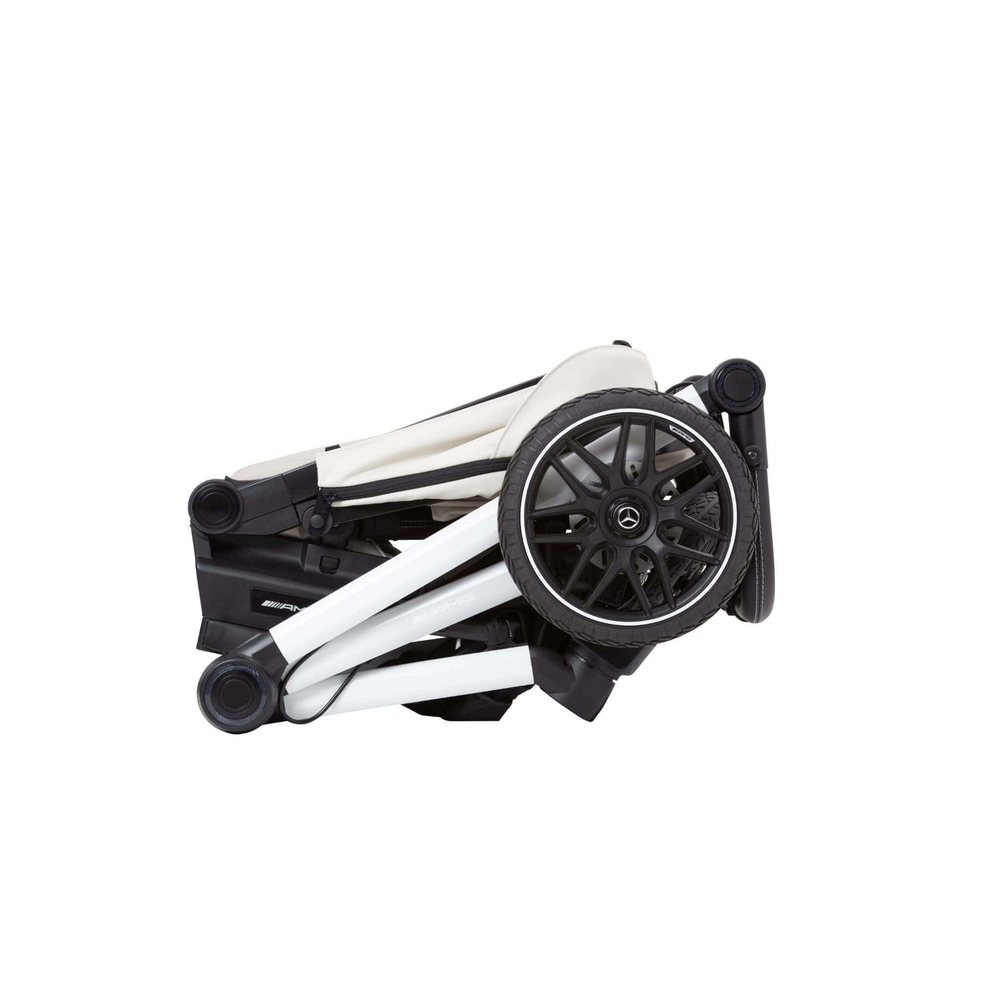 Folded  bright light colour stroller with black wheels on a white background