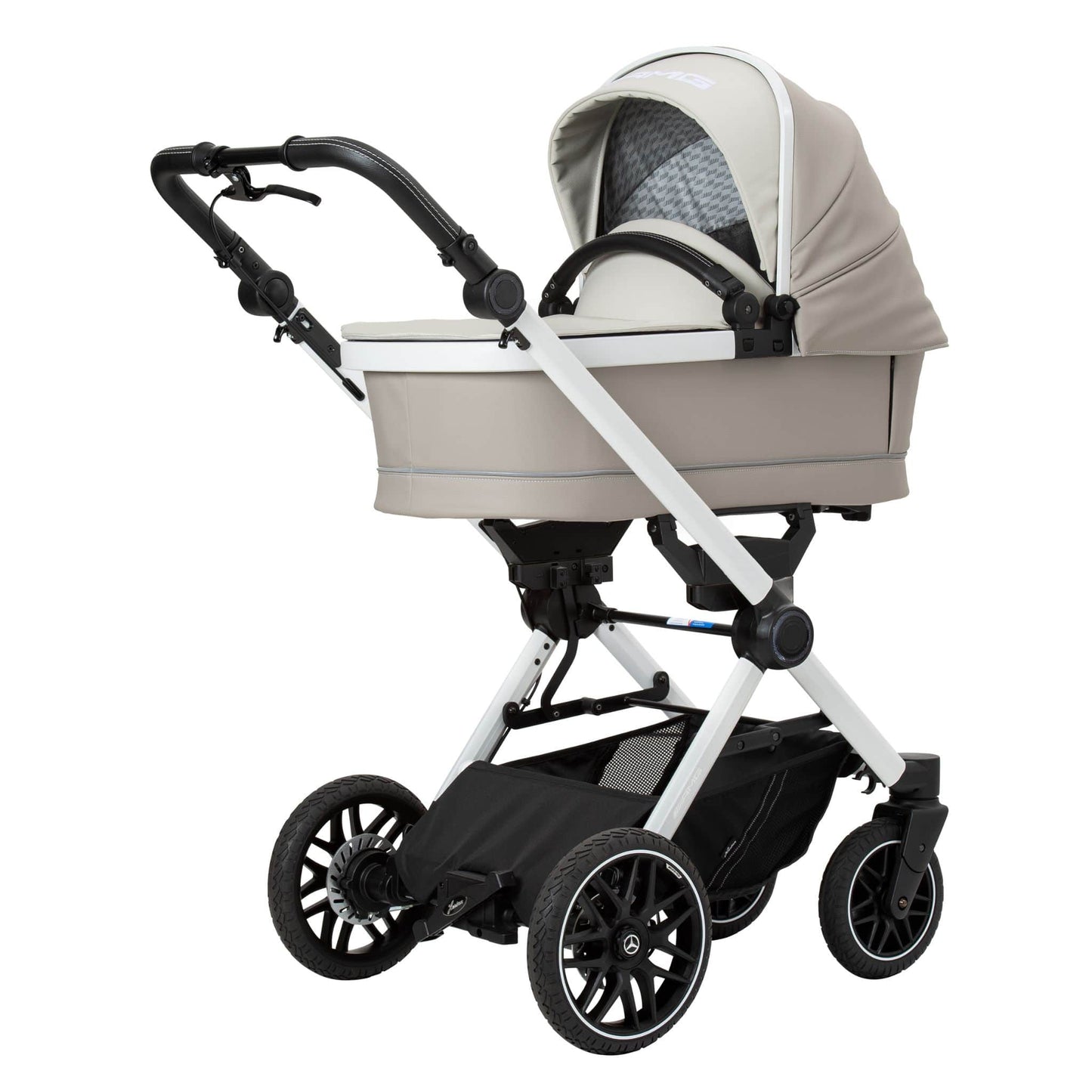 Baby pram with beige canopy and black wheels on a white background