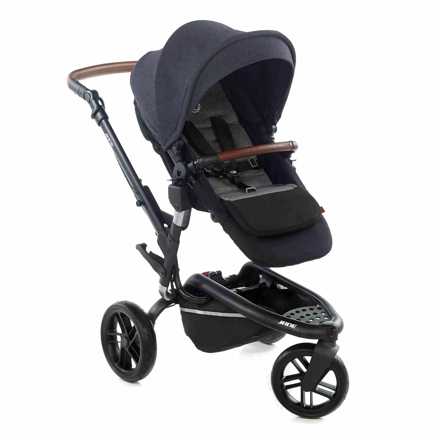 Black 3-wheeled pushchair with brown leather-effect safety bar and handle.